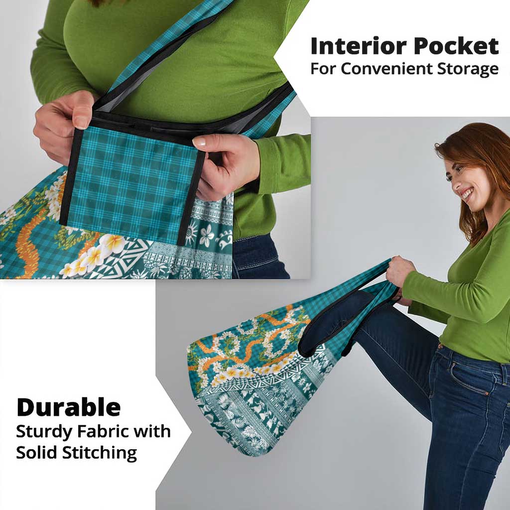 Hawaiian Plumeria Lei Grocery Bag Kakau Motifs and Palaka Half Style Turquoise Color - Polynesian Pride