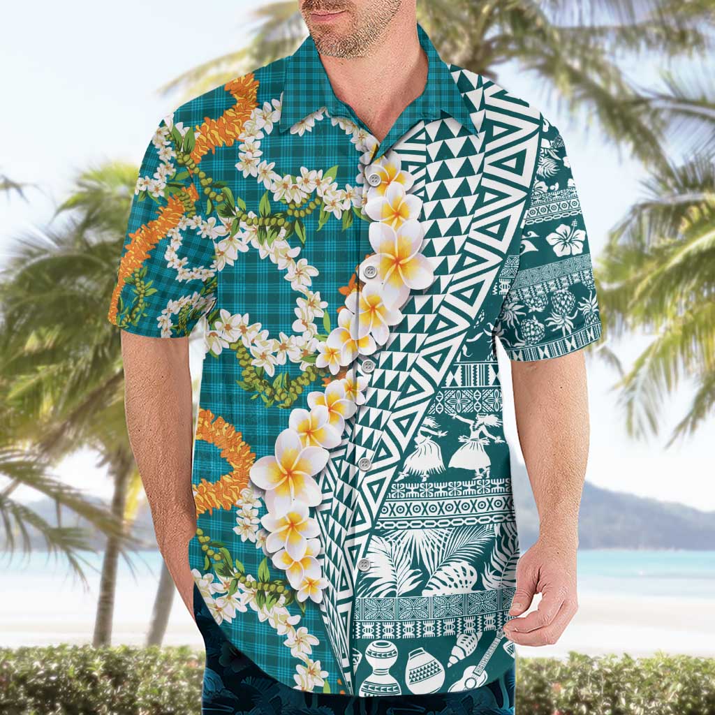 Hawaiian Plumeria Lei Hawaiian Shirt Kakau Motifs and Palaka Half Style Turquoise Color - Polynesian Pride