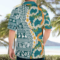 Hawaiian Plumeria Lei Hawaiian Shirt Kakau Motifs and Palaka Half Style Turquoise Color - Polynesian Pride