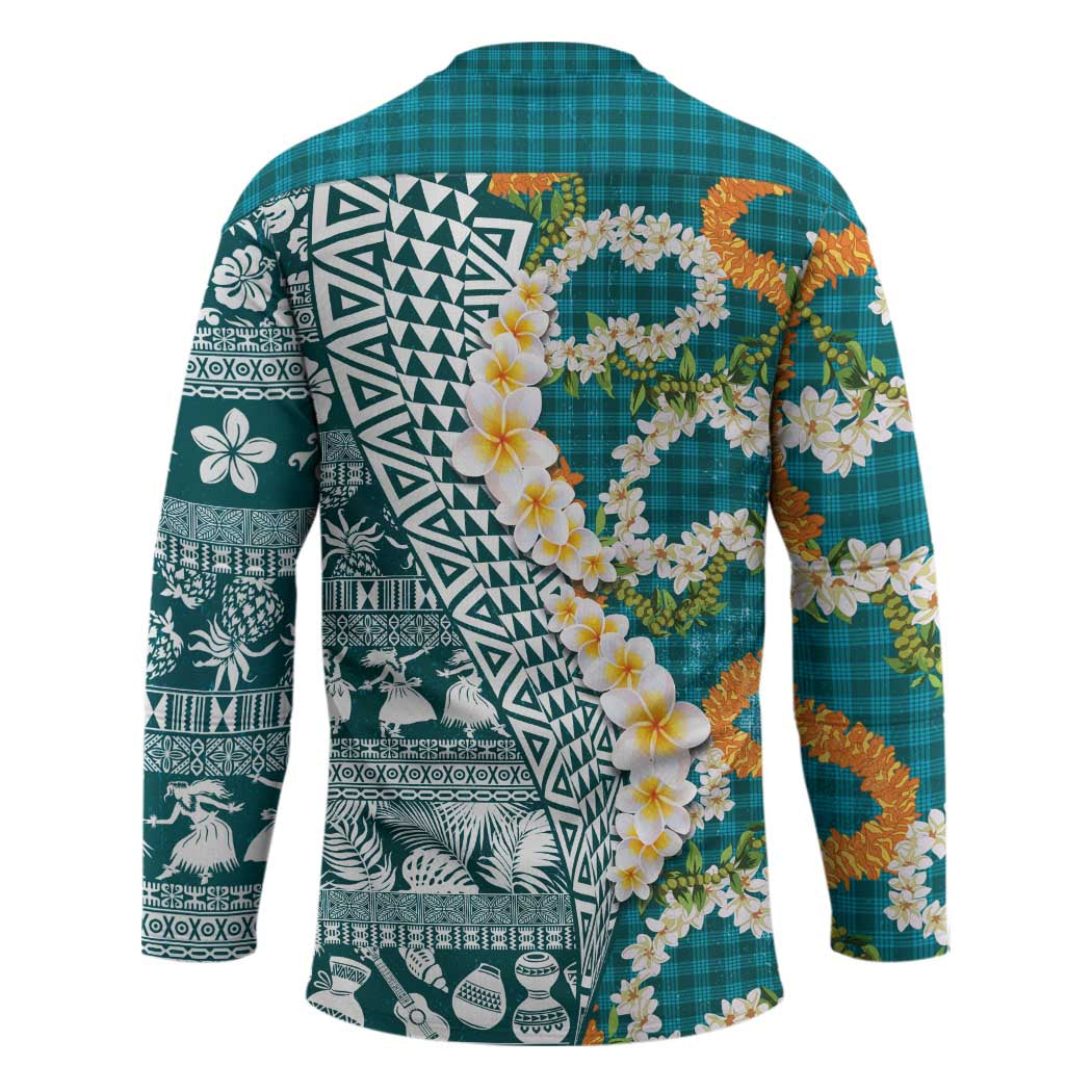 Hawaiian Plumeria Lei Hockey Jersey Kakau Motifs and Palaka Half Style Turquoise Color - Polynesian Pride