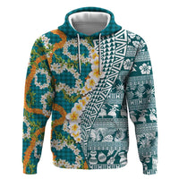 Hawaiian Plumeria Lei Hoodie Kakau Motifs and Palaka Half Style Turquoise Color - Polynesian Pride