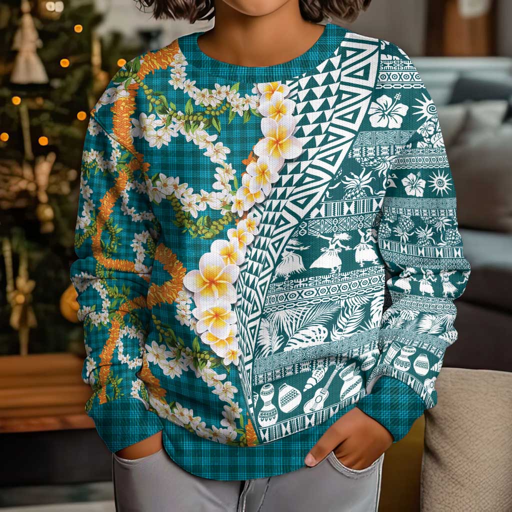 Hawaiian Plumeria Lei Kid Ugly Christmas Sweater Kakau Motifs and Palaka Half Style Turquoise Color - Polynesian Pride