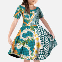 Hawaiian Plumeria Lei Kid Short Sleeve Dress Kakau Motifs and Palaka Half Style Turquoise Color - Polynesian Pride