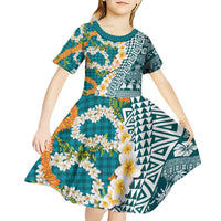 Hawaiian Plumeria Lei Kid Short Sleeve Dress Kakau Motifs and Palaka Half Style Turquoise Color - Polynesian Pride