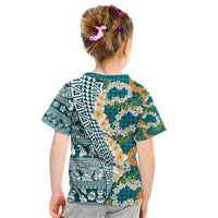 Hawaiian Plumeria Lei Kid T Shirt Kakau Motifs and Palaka Half Style Turquoise Color - Polynesian Pride