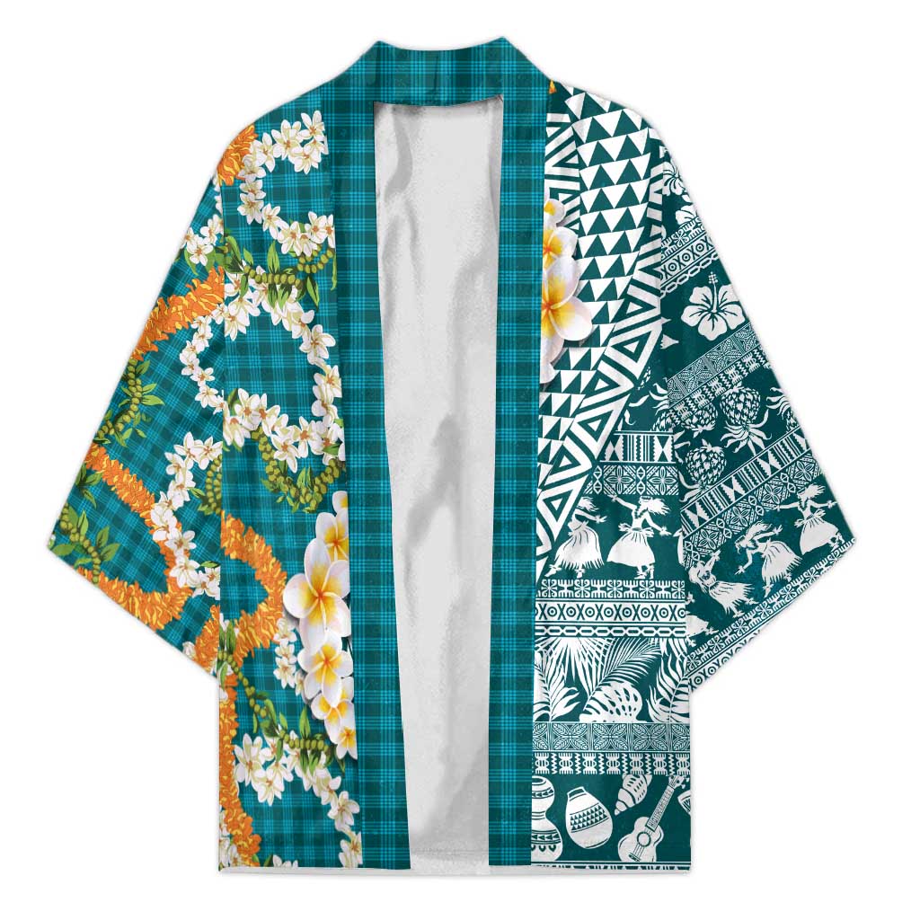Hawaiian Plumeria Lei Kimono Kakau Motifs and Palaka Half Style Turquoise Color - Polynesian Pride