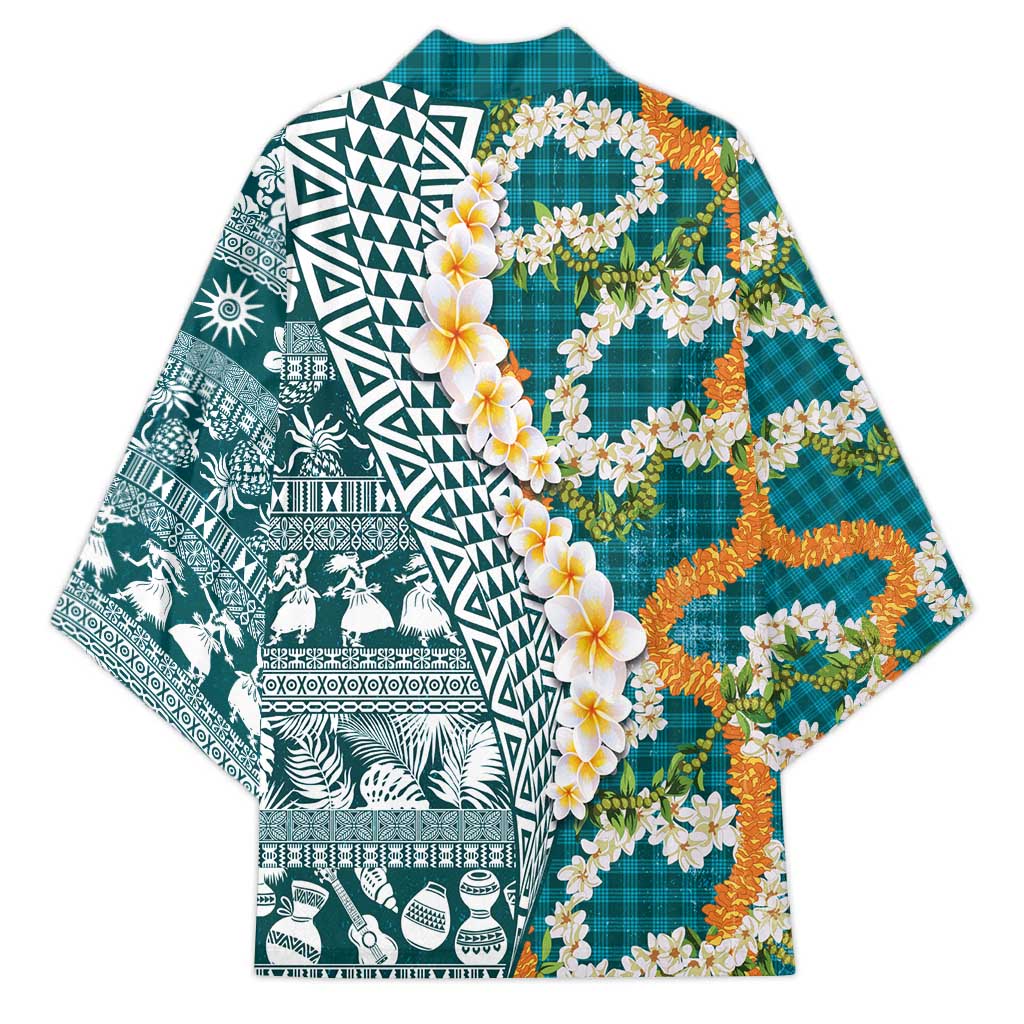 Hawaiian Plumeria Lei Kimono Kakau Motifs and Palaka Half Style Turquoise Color - Polynesian Pride