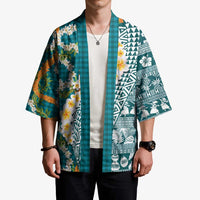 Hawaiian Plumeria Lei Kimono Kakau Motifs and Palaka Half Style Turquoise Color - Polynesian Pride
