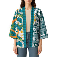 Hawaiian Plumeria Lei Kimono Kakau Motifs and Palaka Half Style Turquoise Color - Polynesian Pride