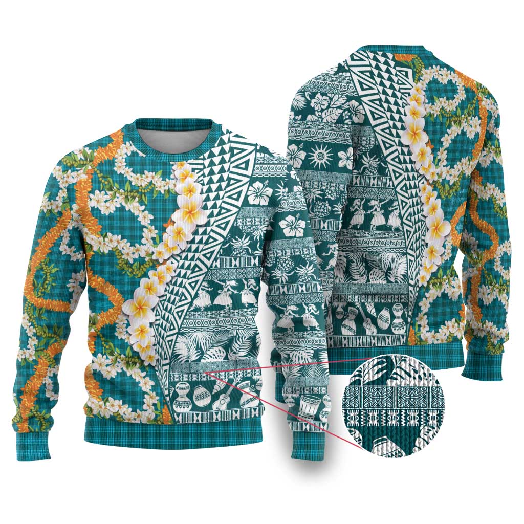 Hawaiian Plumeria Lei Ugly Christmas Sweater Kakau Motifs and Palaka Half Style Turquoise Color - Polynesian Pride