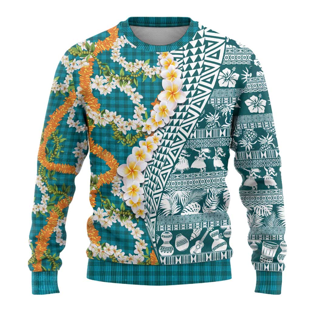 Hawaiian Plumeria Lei Ugly Christmas Sweater Kakau Motifs and Palaka Half Style Turquoise Color - Polynesian Pride