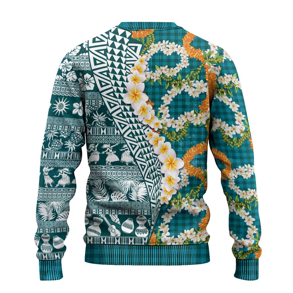 Hawaiian Plumeria Lei Ugly Christmas Sweater Kakau Motifs and Palaka Half Style Turquoise Color - Polynesian Pride