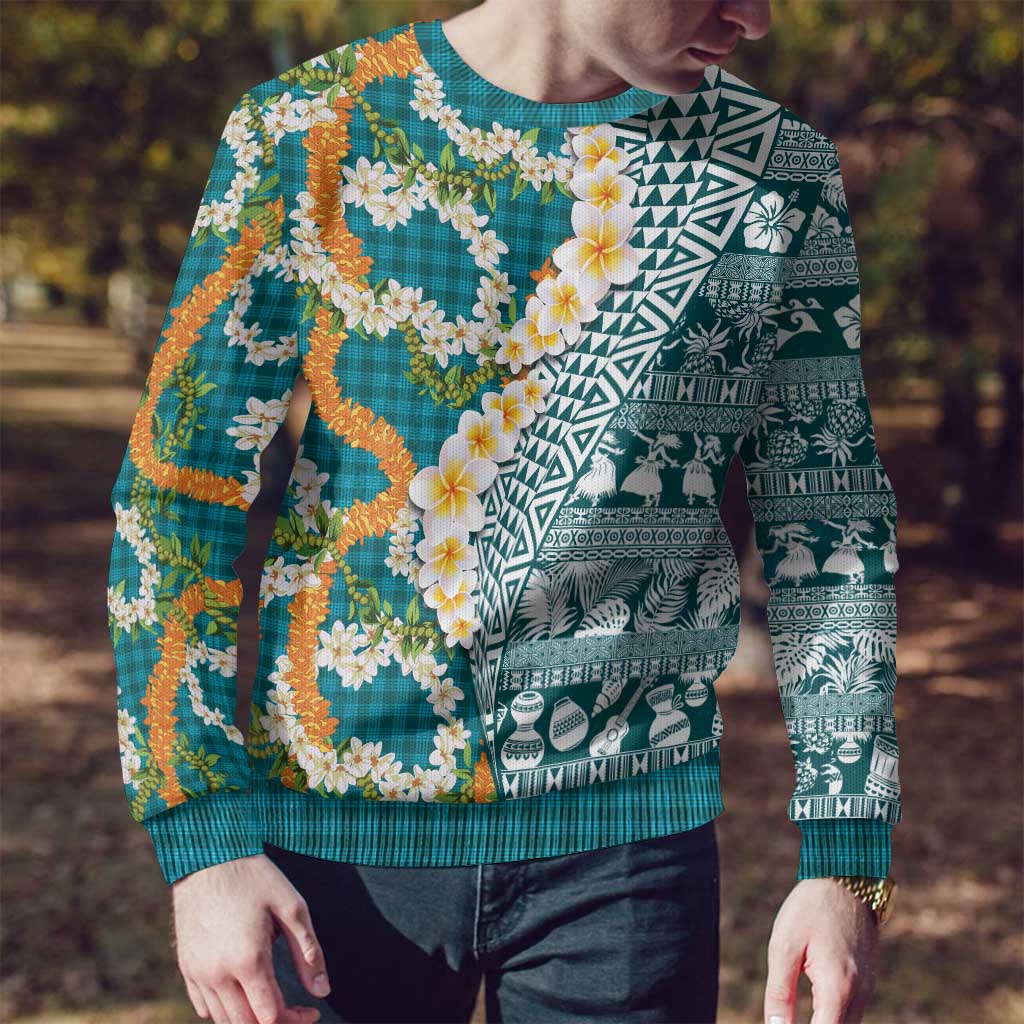 Hawaiian Plumeria Lei Ugly Christmas Sweater Kakau Motifs and Palaka Half Style Turquoise Color - Polynesian Pride