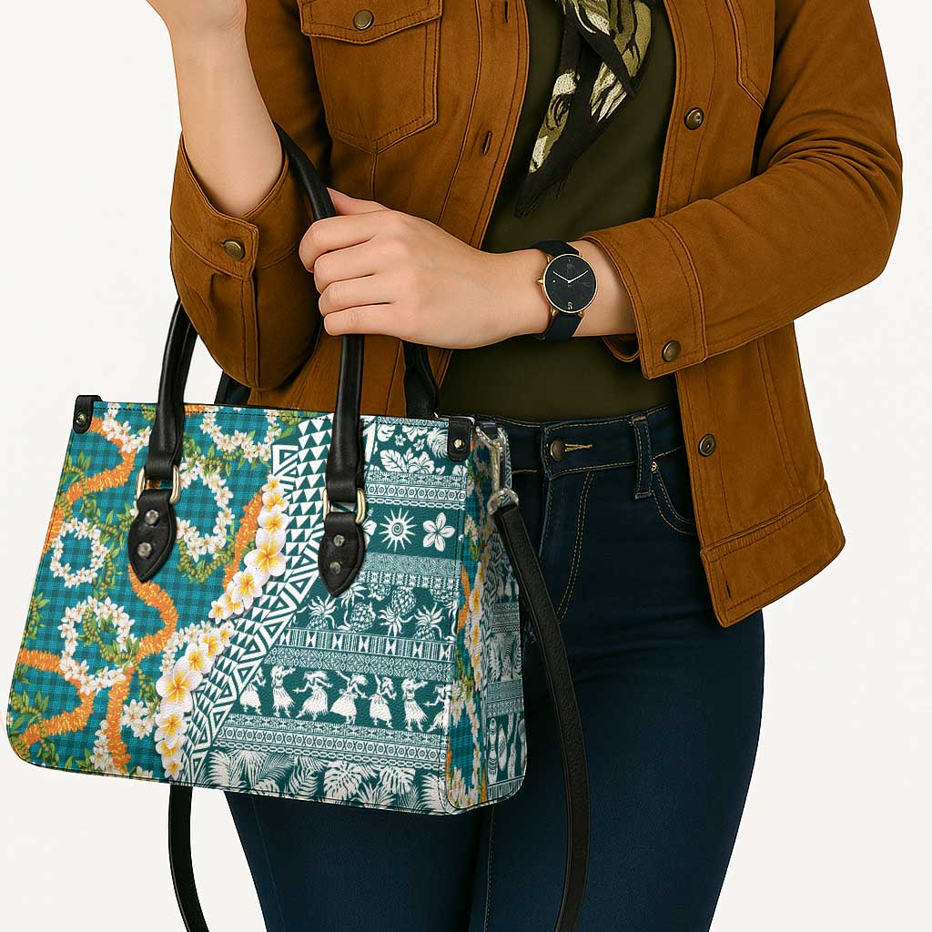 Hawaiian Plumeria Lei Leather Bag Kakau Motifs and Palaka Half Style Turquoise Color LT03 - Polynesian Pride