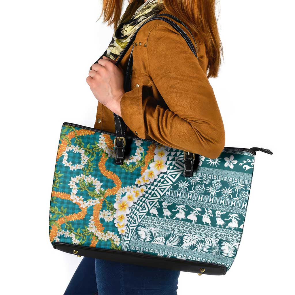Hawaiian Plumeria Lei Leather Tote Bag Kakau Motifs and Palaka Half Style Turquoise Color - Polynesian Pride