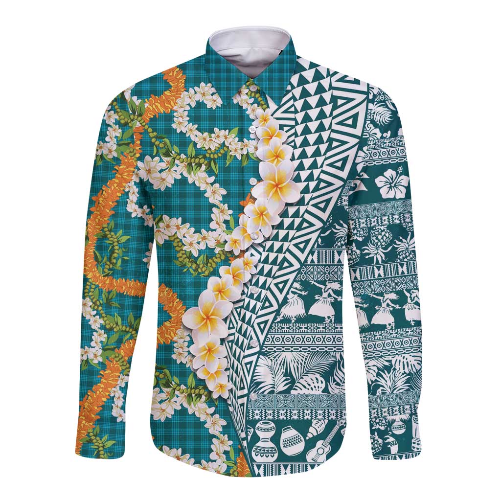 Hawaiian Plumeria Lei Long Sleeve Button Shirt Kakau Motifs and Palaka Half Style Turquoise Color LT03 Unisex Turquoise - Polynesian Pride