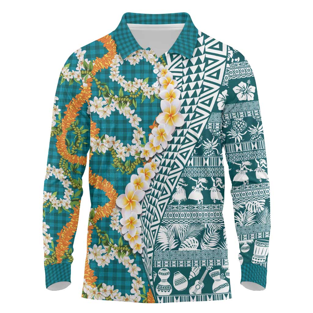 Hawaiian Plumeria Lei Long Sleeve Polo Shirt Kakau Motifs and Palaka Half Style Turquoise Color LT03 Turquoise - Polynesian Pride