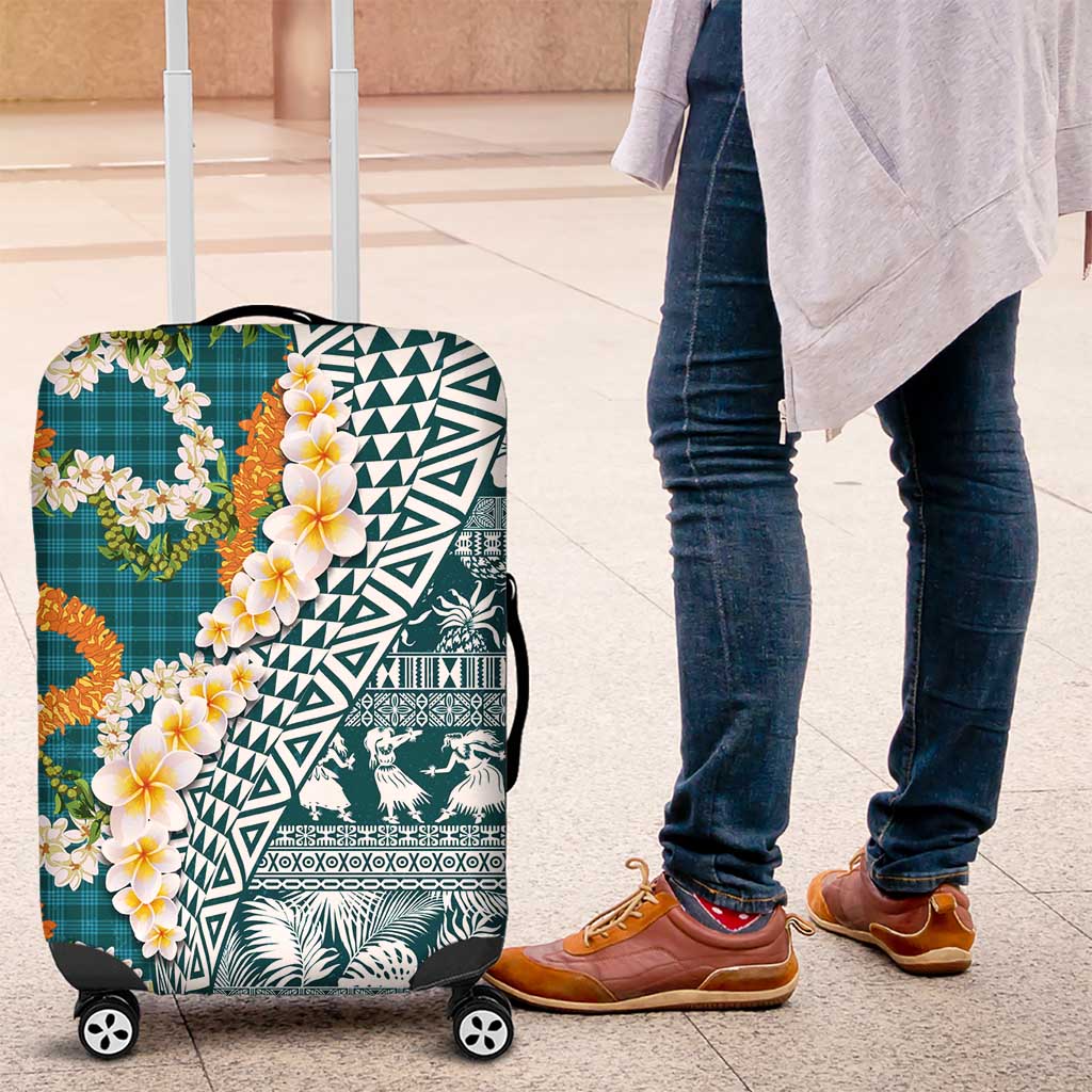 Hawaiian Plumeria Lei Luggage Cover Kakau Motifs and Palaka Half Style Turquoise Color - Polynesian Pride