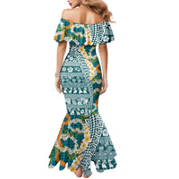Hawaiian Plumeria Lei Mermaid Dress Kakau Motifs and Palaka Half Style Turquoise Color - Polynesian Pride