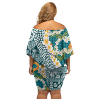 Hawaiian Plumeria Lei Off Shoulder Short Dress Kakau Motifs and Palaka Half Style Turquoise Color - Polynesian Pride