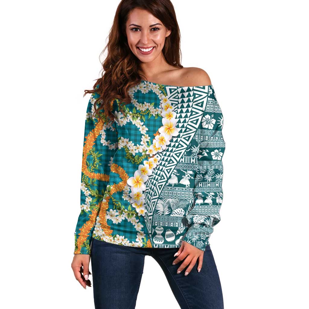 Hawaiian Plumeria Lei Off Shoulder Sweater Kakau Motifs and Palaka Half Style Turquoise Color - Polynesian Pride