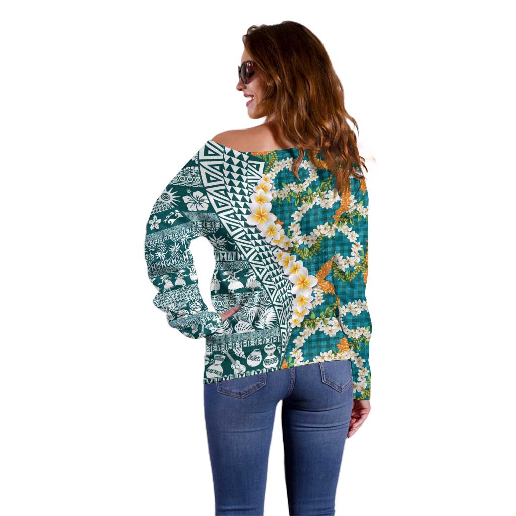 Hawaiian Plumeria Lei Off Shoulder Sweater Kakau Motifs and Palaka Half Style Turquoise Color - Polynesian Pride