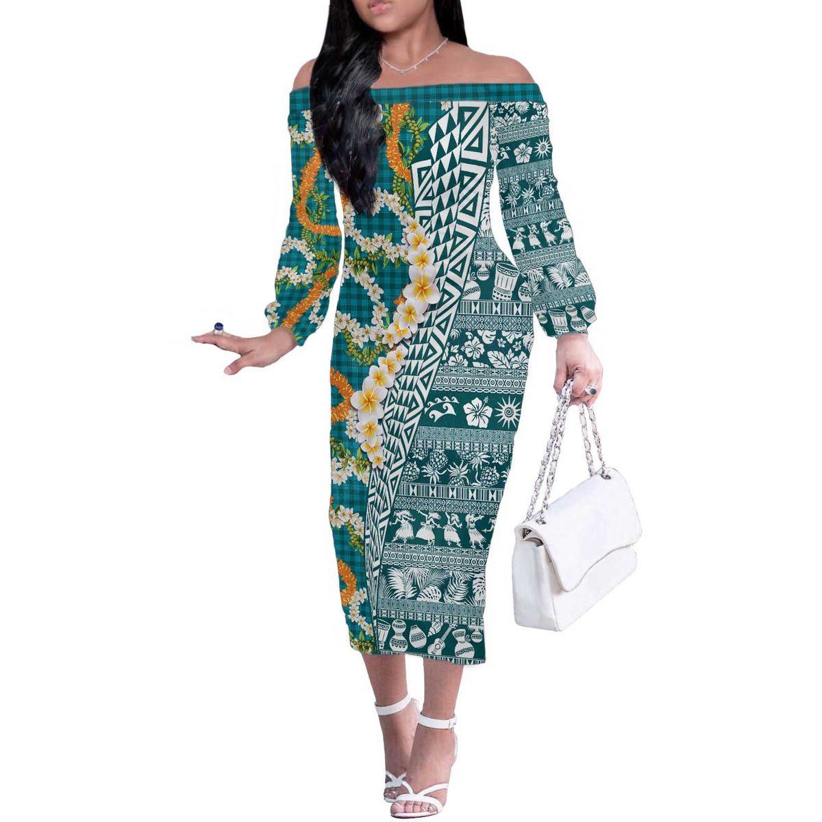 Hawaiian Plumeria Lei Off The Shoulder Long Sleeve Dress Kakau Motifs and Palaka Half Style Turquoise Color - Polynesian Pride