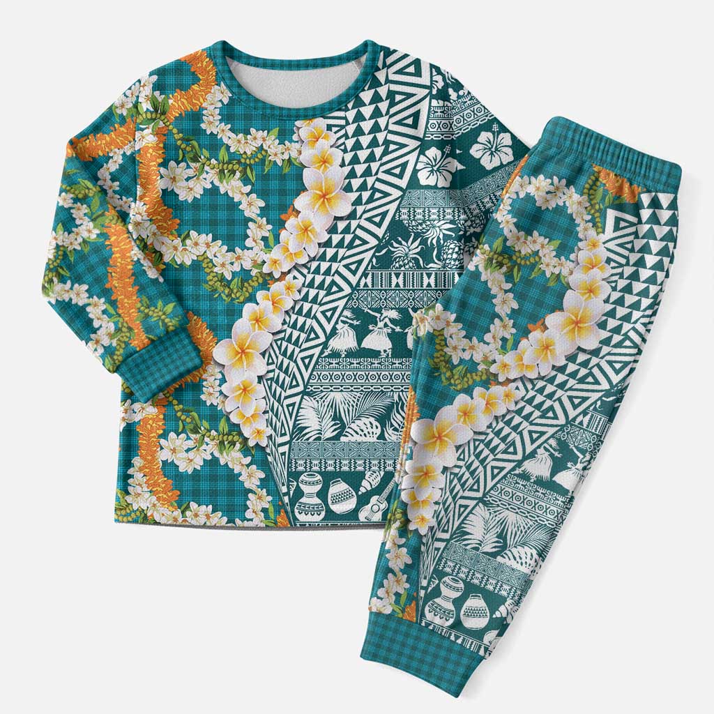 Hawaiian Plumeria Lei Christmas Pajama Set Kakau Motifs and Palaka Half Style Turquoise Color - Polynesian Pride