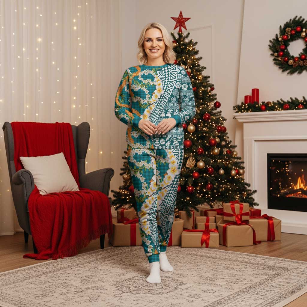 Hawaiian Plumeria Lei Christmas Pajama Set Kakau Motifs and Palaka Half Style Turquoise Color - Polynesian Pride