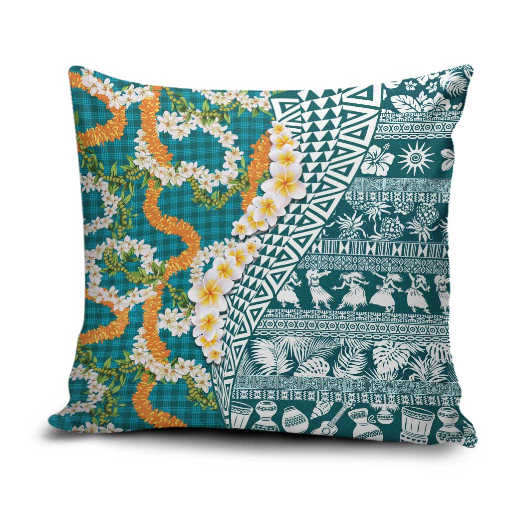 Hawaiian Plumeria Lei Pillow Cover Kakau Motifs and Palaka Half Style Turquoise Color - Polynesian Pride