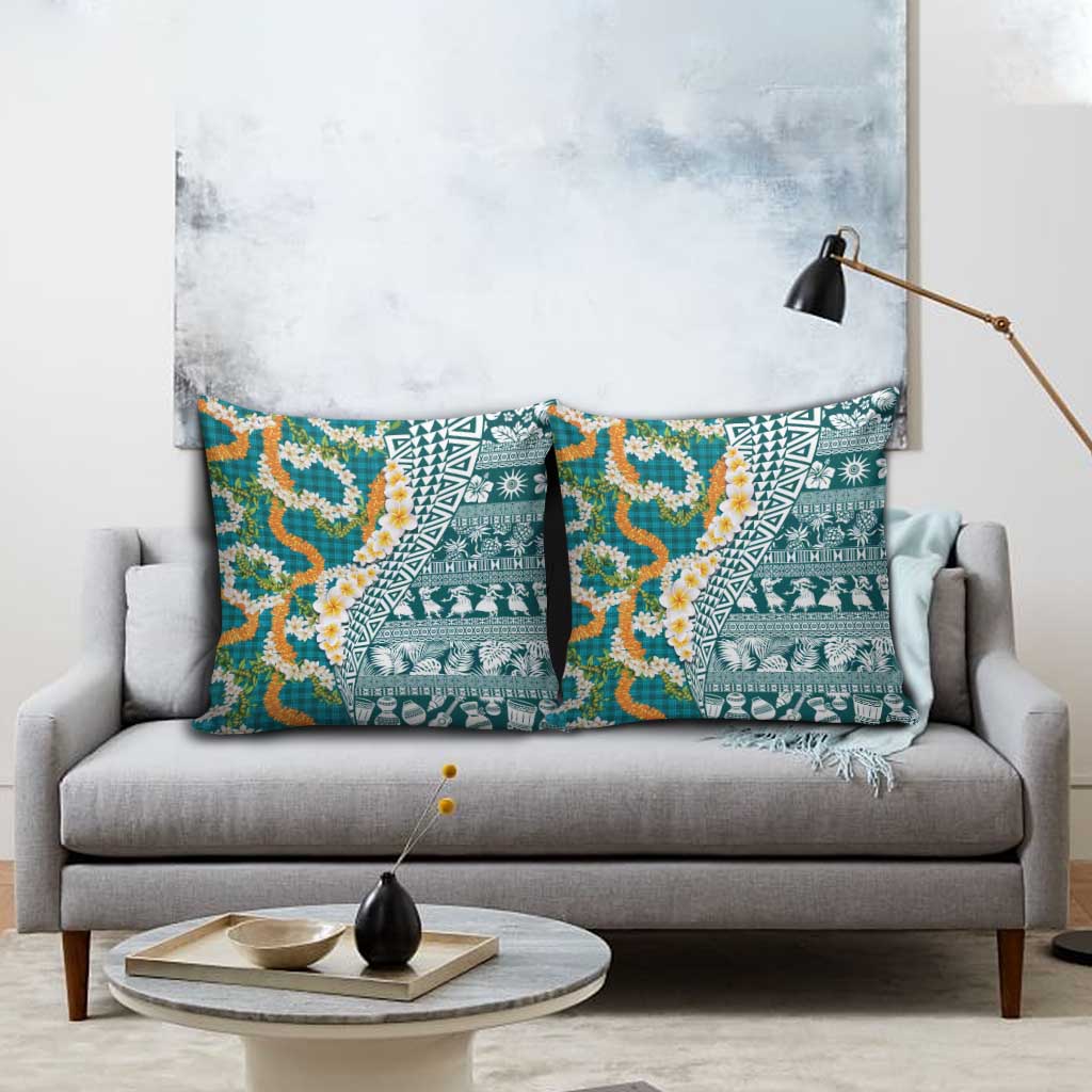 Hawaiian Plumeria Lei Pillow Cover Kakau Motifs and Palaka Half Style Turquoise Color - Polynesian Pride