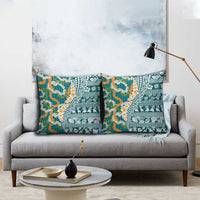 Hawaiian Plumeria Lei Pillow Cover Kakau Motifs and Palaka Half Style Turquoise Color - Polynesian Pride