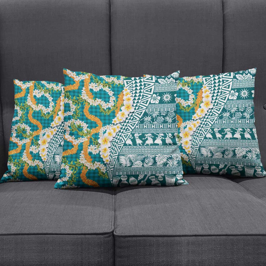 Hawaiian Plumeria Lei Pillow Cover Kakau Motifs and Palaka Half Style Turquoise Color - Polynesian Pride