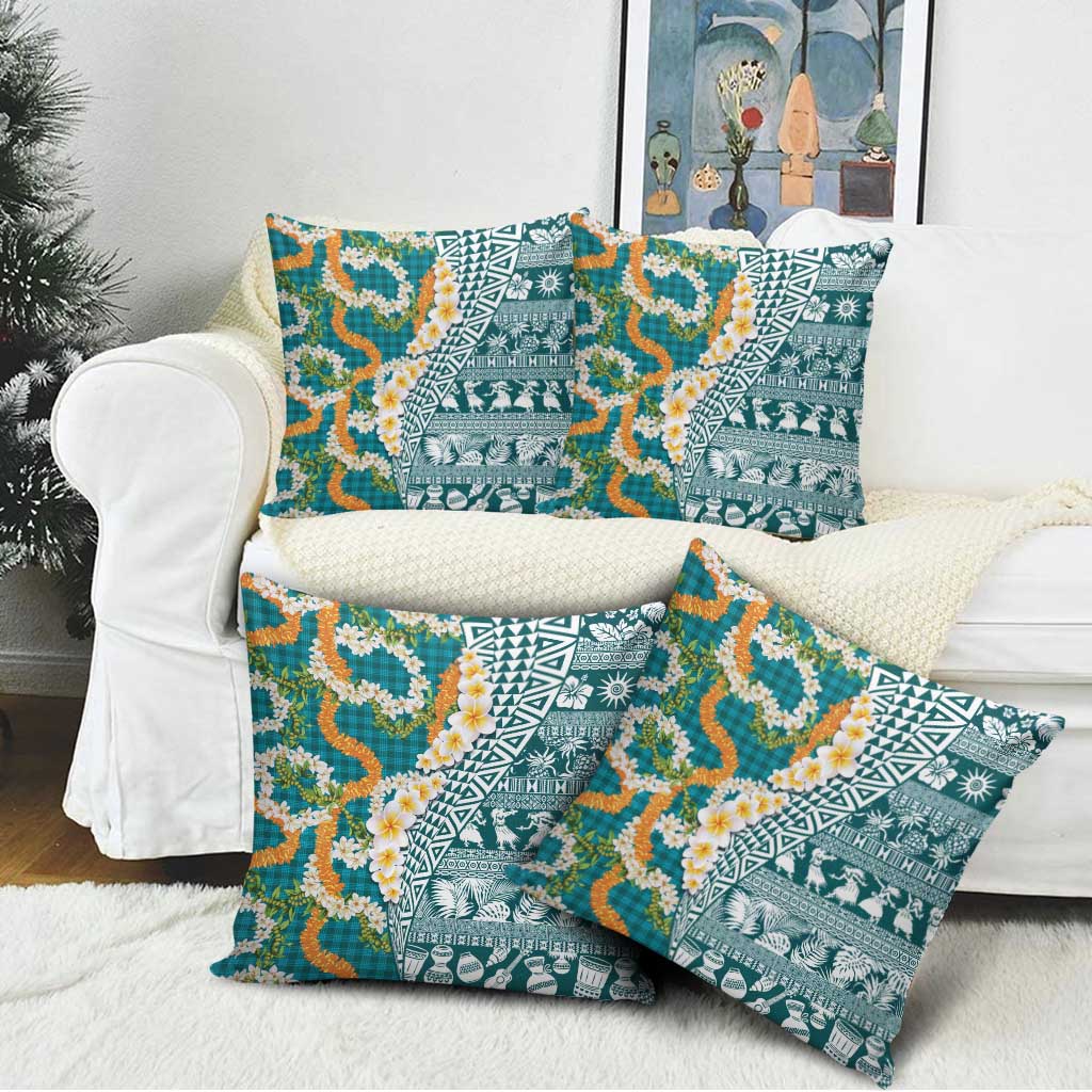 Hawaiian Plumeria Lei Pillow Cover Kakau Motifs and Palaka Half Style Turquoise Color - Polynesian Pride