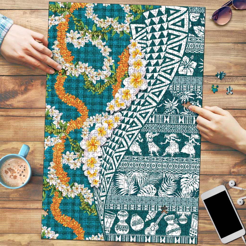 Hawaiian Plumeria Lei Puzzle Kakau Motifs and Palaka Half Style Turquoise Color LT03 Turquoise - Polynesian Pride