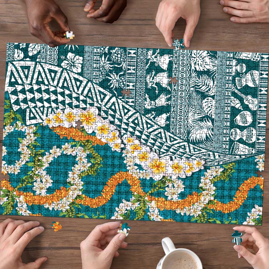 Hawaiian Plumeria Lei Puzzle Kakau Motifs and Palaka Half Style Turquoise Color LT03 - Polynesian Pride