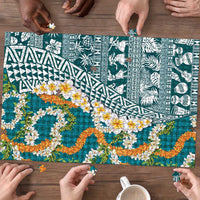 Hawaiian Plumeria Lei Puzzle Kakau Motifs and Palaka Half Style Turquoise Color LT03 - Polynesian Pride