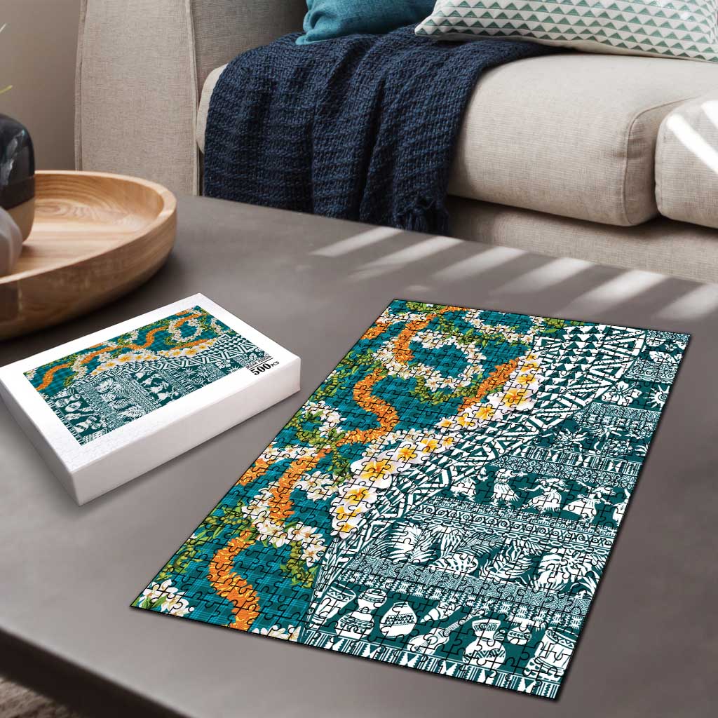Hawaiian Plumeria Lei Puzzle Kakau Motifs and Palaka Half Style Turquoise Color LT03 - Polynesian Pride