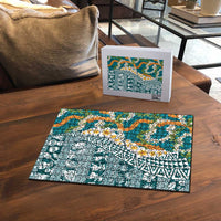 Hawaiian Plumeria Lei Puzzle Kakau Motifs and Palaka Half Style Turquoise Color LT03 - Polynesian Pride