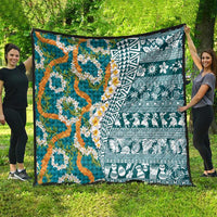 Hawaiian Plumeria Lei Quilt Kakau Motifs and Palaka Half Style Turquoise Color - Polynesian Pride