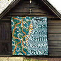 Hawaiian Plumeria Lei Quilt Kakau Motifs and Palaka Half Style Turquoise Color - Polynesian Pride