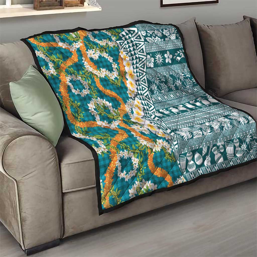 Hawaiian Plumeria Lei Quilt Kakau Motifs and Palaka Half Style Turquoise Color - Polynesian Pride