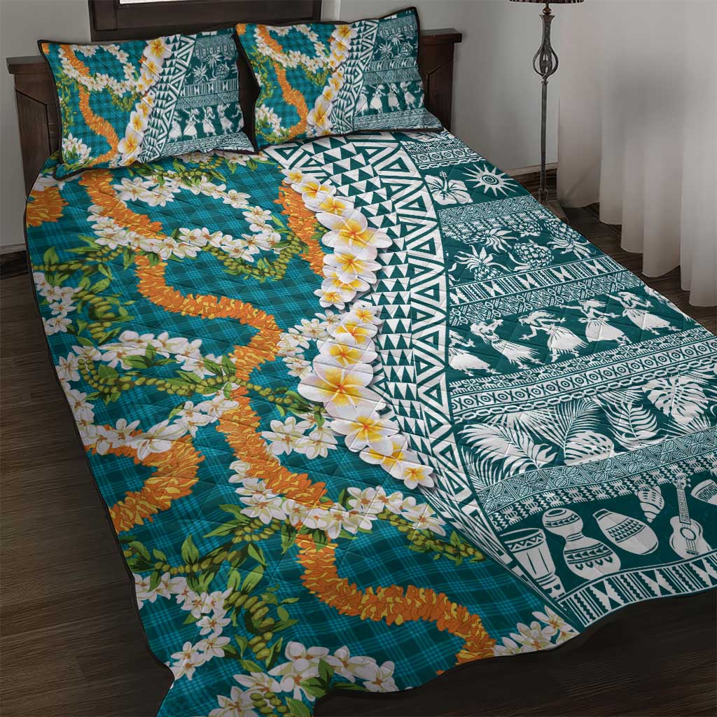 Hawaiian Plumeria Lei Quilt Bed Set Kakau Motifs and Palaka Half Style Turquoise Color - Polynesian Pride