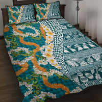 Hawaiian Plumeria Lei Quilt Bed Set Kakau Motifs and Palaka Half Style Turquoise Color - Polynesian Pride