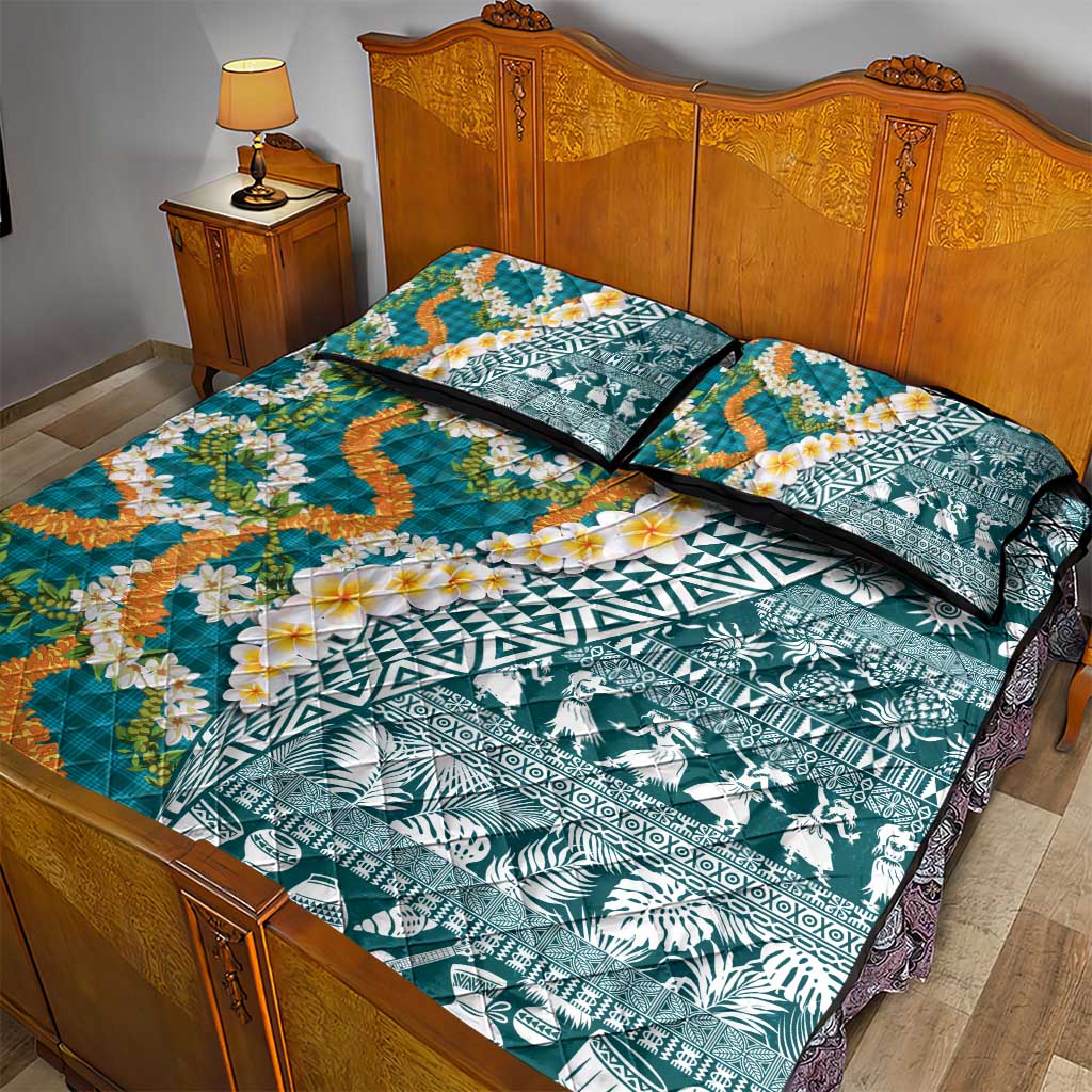 Hawaiian Plumeria Lei Quilt Bed Set Kakau Motifs and Palaka Half Style Turquoise Color - Polynesian Pride