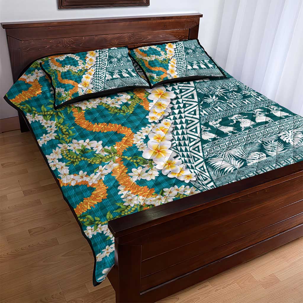 Hawaiian Plumeria Lei Quilt Bed Set Kakau Motifs and Palaka Half Style Turquoise Color - Polynesian Pride