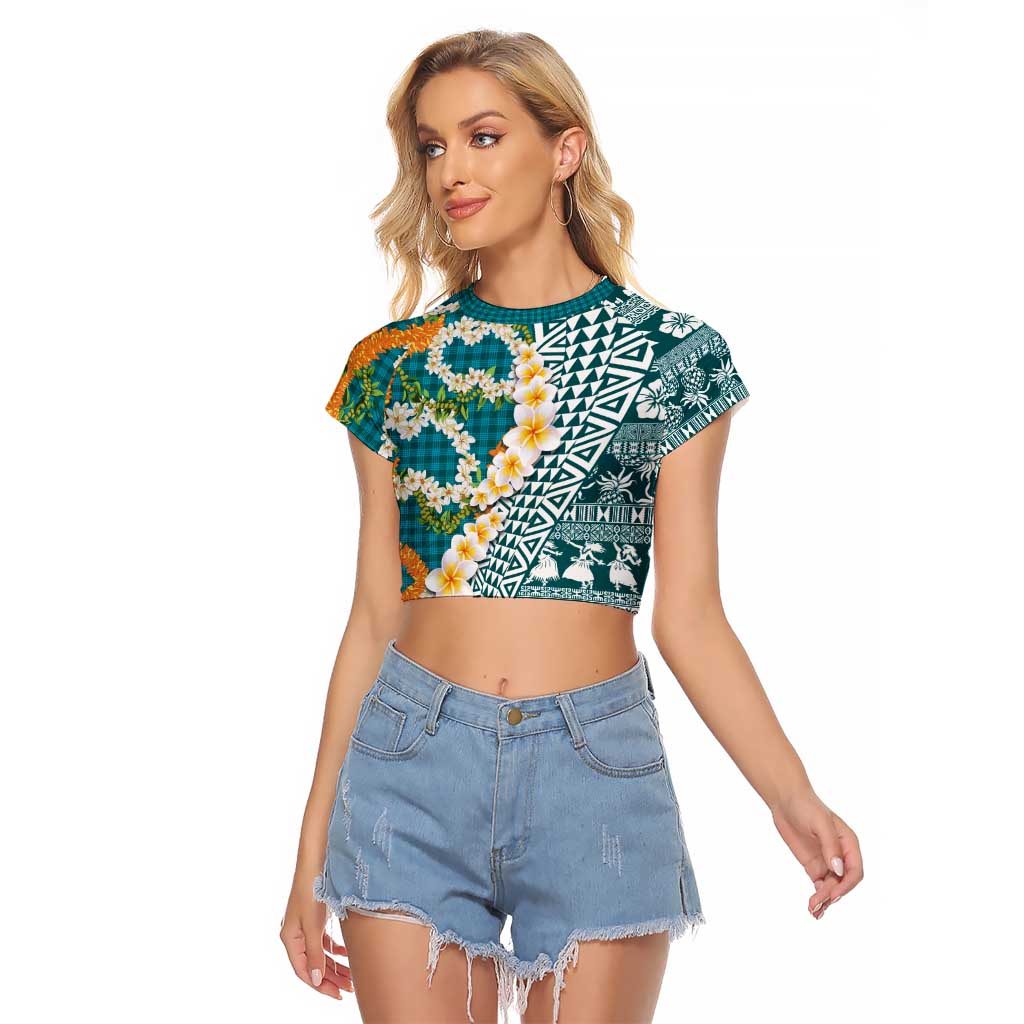 Hawaiian Plumeria Lei Raglan Cropped T Shirt Kakau Motifs and Palaka Half Style Turquoise Color LT03 Female Turquoise - Polynesian Pride