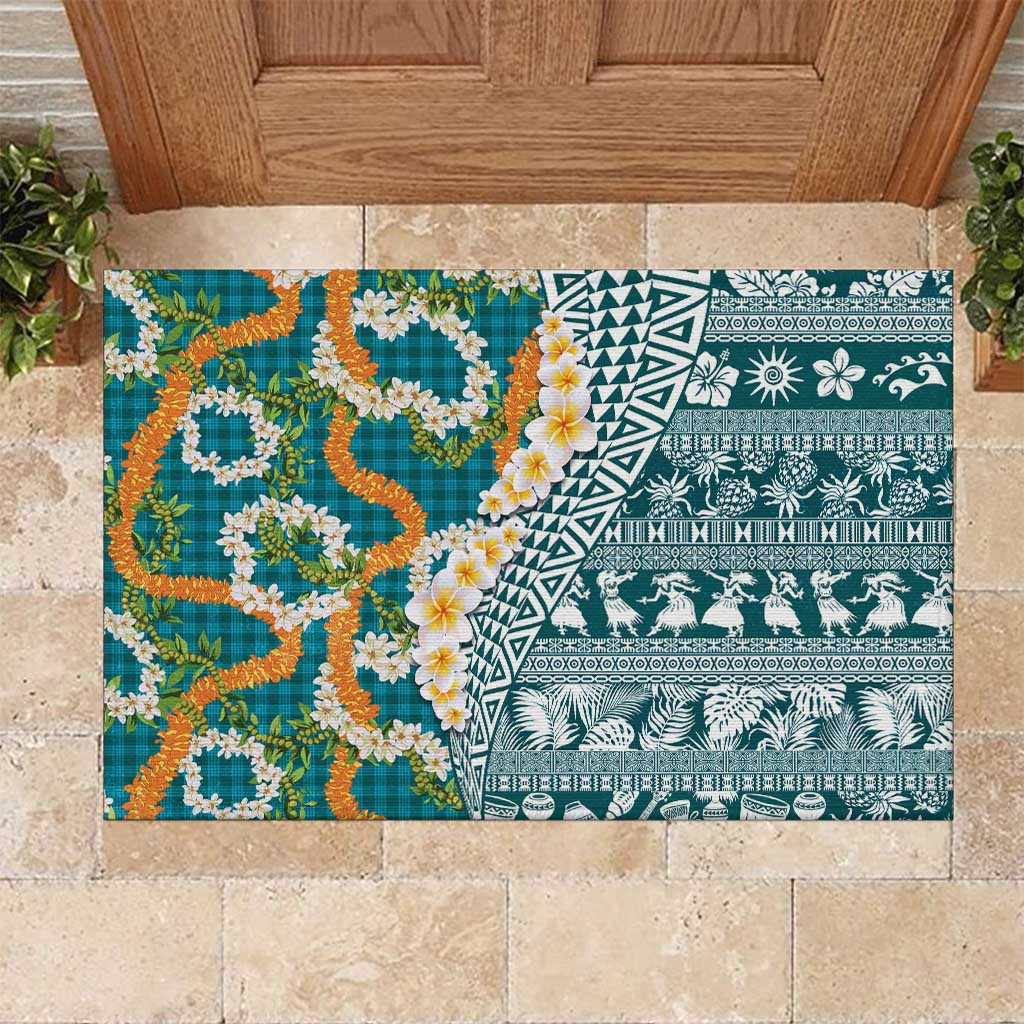 Hawaiian Plumeria Lei Rubber Doormat Kakau Motifs and Palaka Half Style Turquoise Color LT03 Turquoise - Polynesian Pride