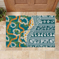 Hawaiian Plumeria Lei Rubber Doormat Kakau Motifs and Palaka Half Style Turquoise Color LT03 Turquoise - Polynesian Pride