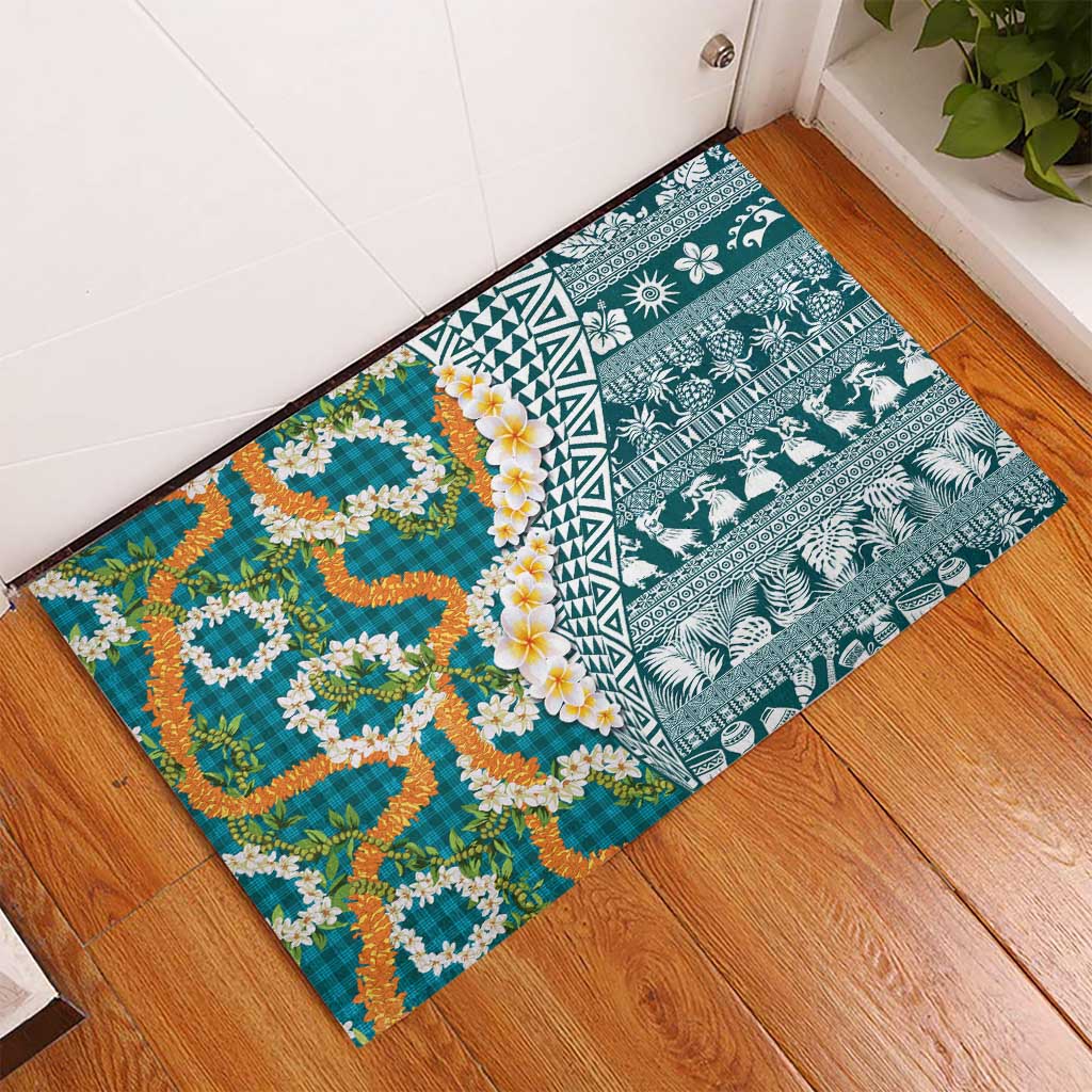 Hawaiian Plumeria Lei Rubber Doormat Kakau Motifs and Palaka Half Style Turquoise Color LT03 - Polynesian Pride